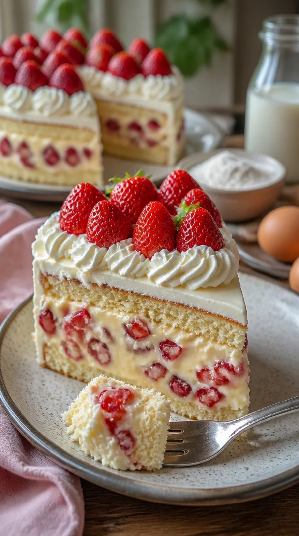 Erdbeer-Cremedessert-Kuchen mit frischen Erdbeeren und cremiger Füllung