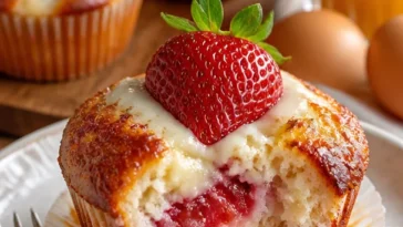 Erdbeer-Cremekäse-Muffins frisch gebacken mit frischen Erdbeeren