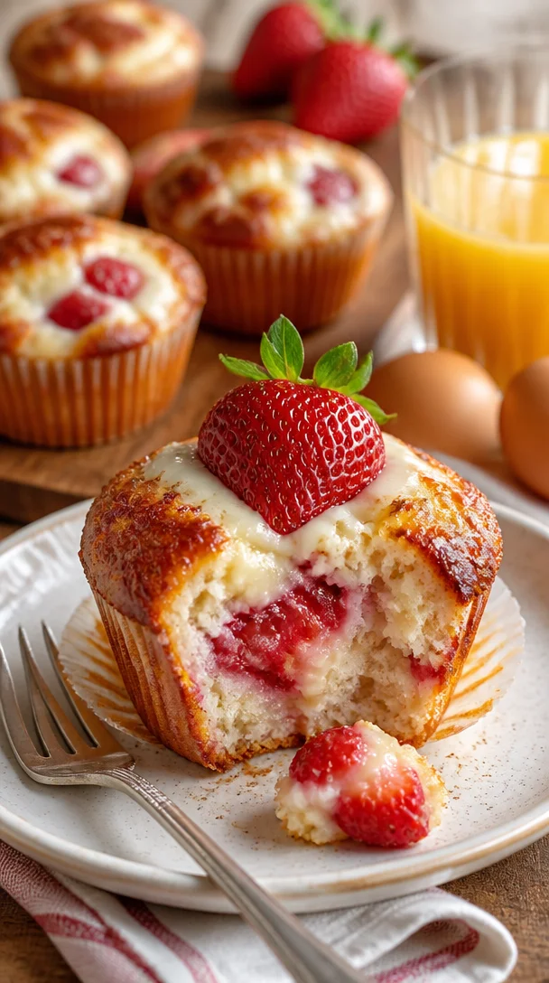Erdbeer-Cremekäse-Muffins frisch gebacken mit frischen Erdbeeren