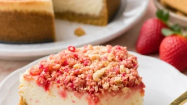 Erdbeer Crunch Käsekuchen mit knusprigem Topping und frischen Erdbeeren
