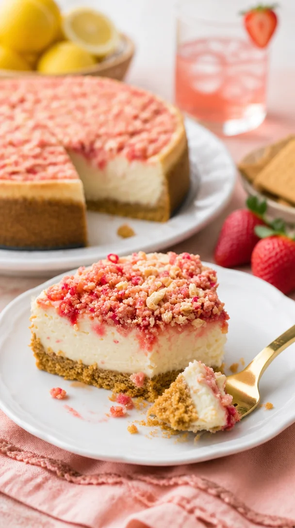 Erdbeer Crunch Käsekuchen mit knusprigem Topping und frischen Erdbeeren