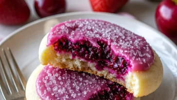 Erdbeer-frosted Kirschkekse auf einem Teller, frisch gebacken und dekoriert.
