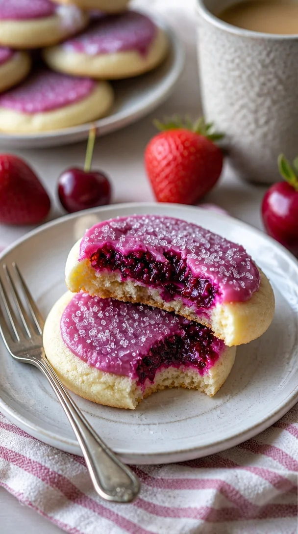 Erdbeer-frosted Kirschkekse auf einem Teller, frisch gebacken und dekoriert.