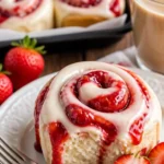 Leckere Erdbeer-Käsekuchen-Cinnabon-Rollen mit frischen Erdbeeren und Käsekuchenfüllung.