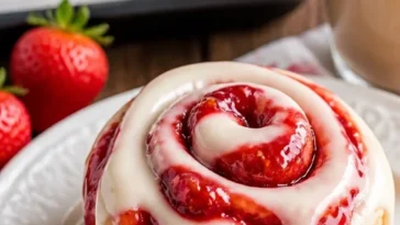 Leckere Erdbeer-Käsekuchen-Cinnabon-Rollen mit frischen Erdbeeren und Käsekuchenfüllung.