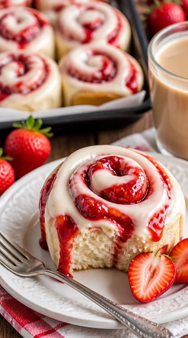 Leckere Erdbeer-Käsekuchen-Cinnabon-Rollen mit frischen Erdbeeren und Käsekuchenfüllung.