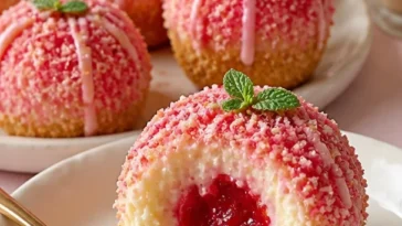 Leckere Erdbeer-Käsekuchen-Crunch-Bites auf einem Teller
