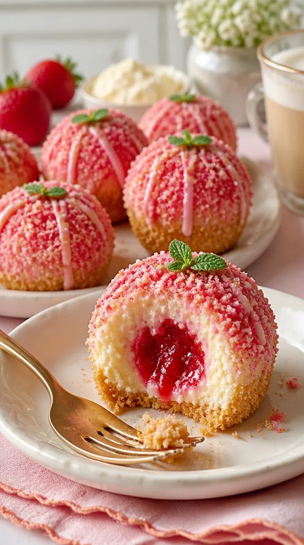 Leckere Erdbeer-Käsekuchen-Crunch-Bites auf einem Teller