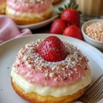 Erdbeer-Käsekuchen gefüllte Donuts mit frischen Erdbeeren und Käsefüllung