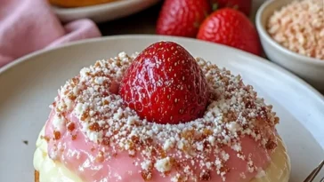 Erdbeer-Käsekuchen gefüllte Donuts mit frischen Erdbeeren und Käsefüllung