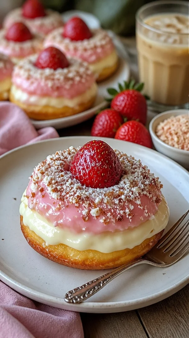 Erdbeer-Käsekuchen gefüllte Donuts mit frischen Erdbeeren und Käsefüllung