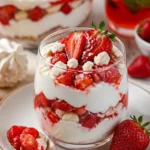 Schichtdessert mit frischen Erdbeeren und cremigem Joghurt in Gläsern geschichtet