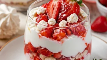 Schichtdessert mit frischen Erdbeeren und cremigem Joghurt in Gläsern geschichtet