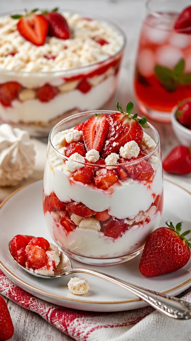 Schichtdessert mit frischen Erdbeeren und cremigem Joghurt in Gläsern geschichtet