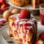 Erdbeere-Erdbeben-Kuchen mit frischen Erdbeeren und Sahne dekoriert