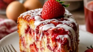 Erdbeere-Erdbeben-Kuchen mit frischen Erdbeeren und Sahne dekoriert