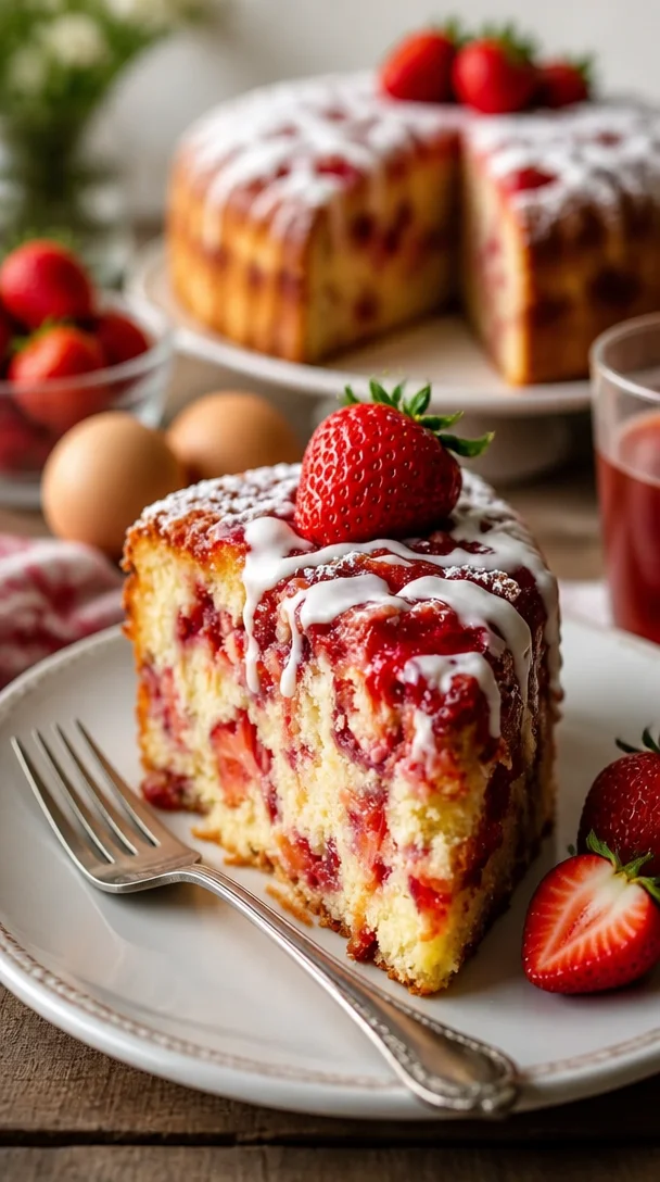 Erdbeere-Erdbeben-Kuchen mit frischen Erdbeeren und Sahne dekoriert