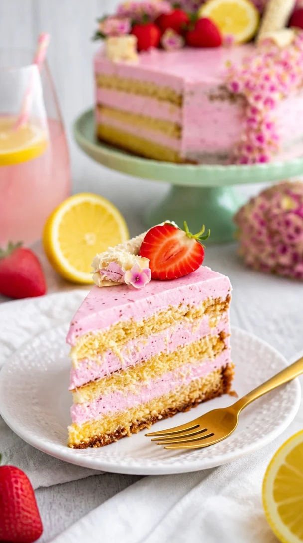 Erdbeertorte mit Zitronenböden, frisch dekoriert mit Erdbeeren und Zitronenscheiben
