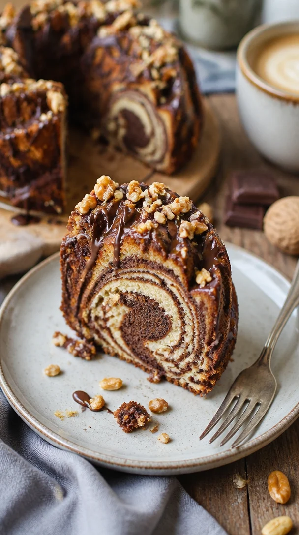 Erdnussbutter-Brownie-Gugelhupf mit schokoladiger Glasur und Erdnüssen