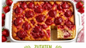 Extra saftiger Erdbeerkuchen vom Blech mit frischen Erdbeeren und Sahne