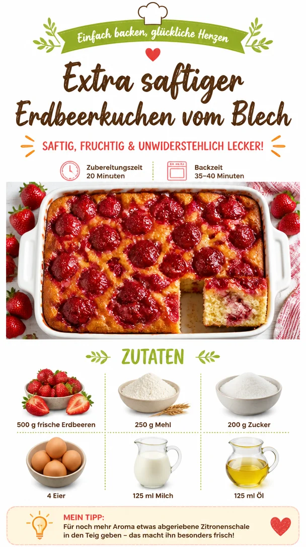Extra saftiger Erdbeerkuchen vom Blech mit frischen Erdbeeren und Sahne