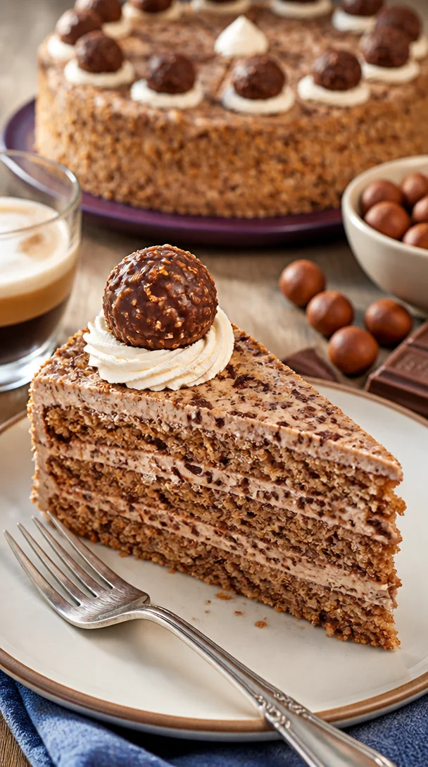 Ferrero Rocher Torte mit Schokolade und Haselnüssen, ein köstliches Dessert.