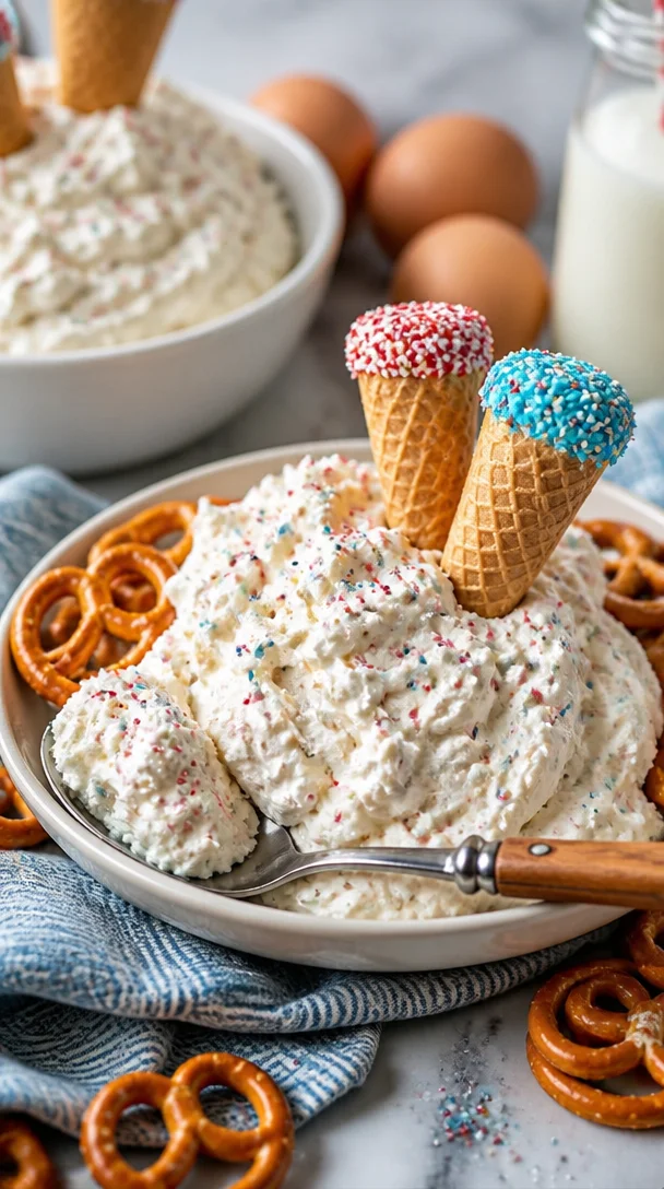 Festlicher Rot-Weiß-Blau Funfetti-Dip in einer bunten Schüssel.