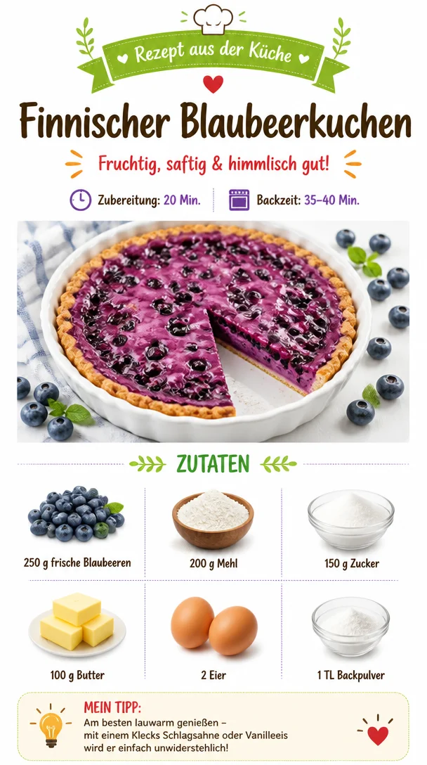 Finnischer Blaubeerkuchen mit frischen Blaubeeren und zartem Teig.