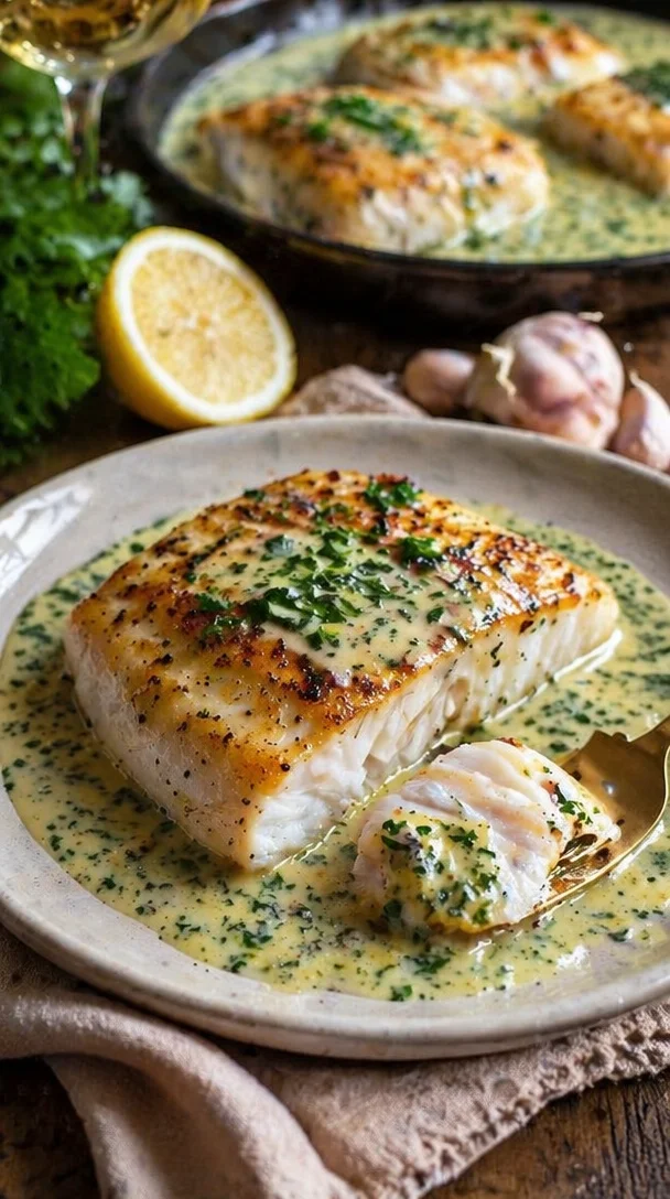 Fischfilet mit cremiger Bärlauchsauce auf einem ansprechenden Teller