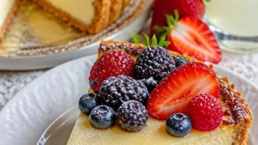 Französische Zitronencreme-Torte mit frischen Zitronenscheiben garniert