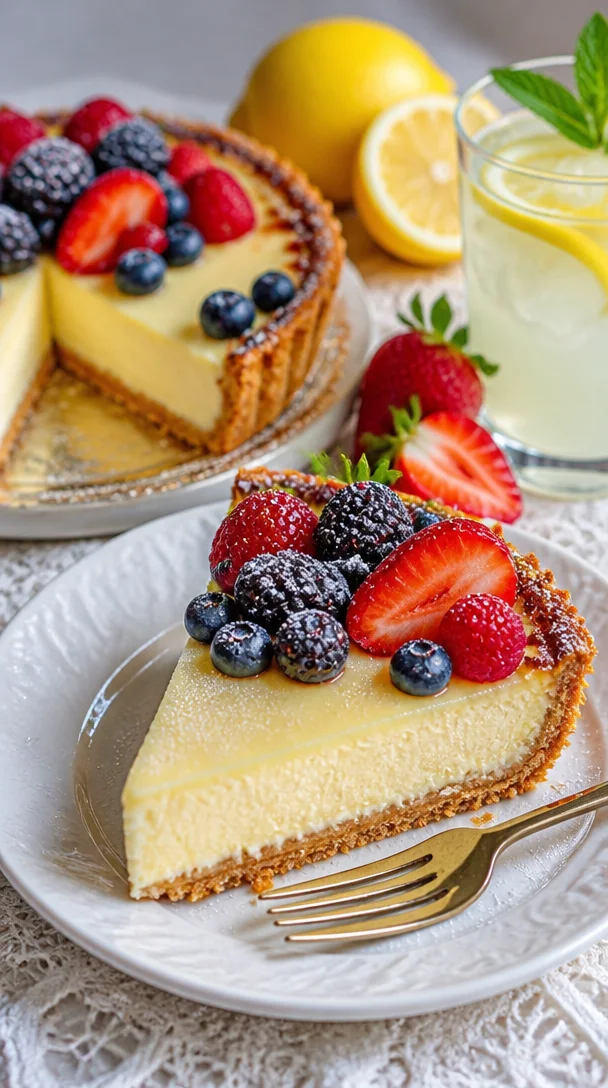 Französische Zitronencreme-Torte mit frischen Zitronenscheiben garniert