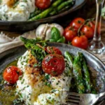 Gerösteter grüner Spargel mit Burrata und Tomaten auf einem Teller