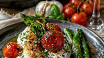 Gerösteter grüner Spargel mit Burrata und Tomaten auf einem Teller