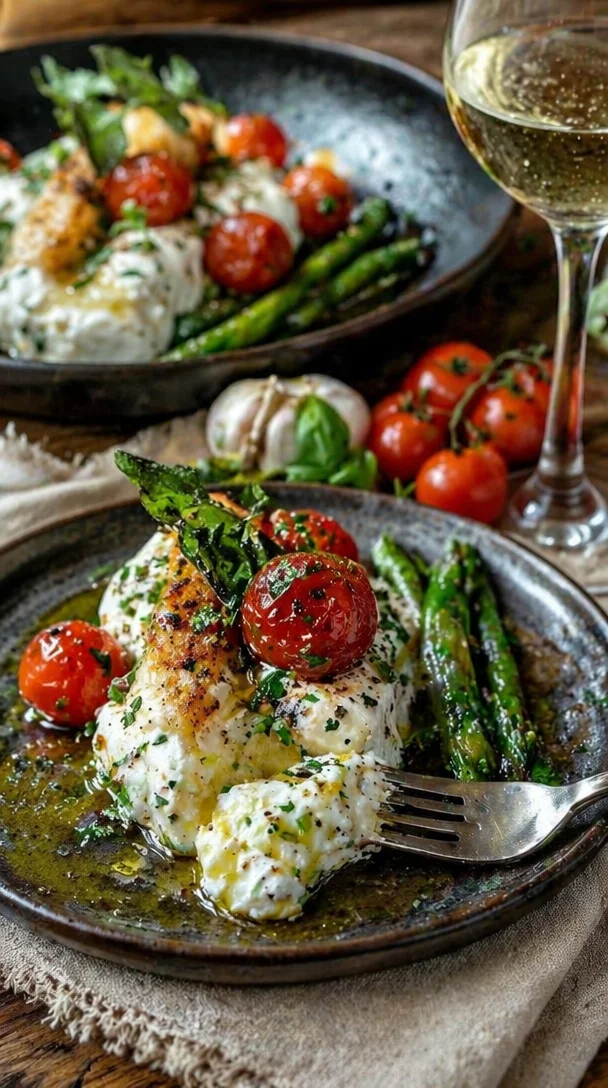 Gerösteter grüner Spargel mit Burrata und Tomaten auf einem Teller