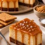 Gesalzener Karamell-Käsekuchen mit einer cremigen Füllung und Karamellsoße.