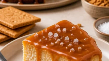 Gesalzener Karamell-Käsekuchen mit einer cremigen Füllung und Karamellsoße.