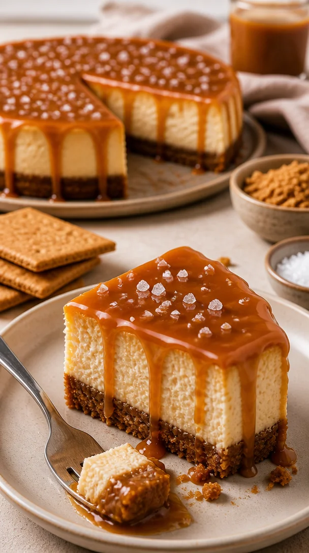 Gesalzener Karamell-Käsekuchen mit einer cremigen Füllung und Karamellsoße.