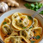 Schüssel mit leckerer Gyoza-Suppe, gefüllt mit Gyoza-Teigtaschen