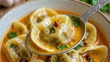 Schüssel mit leckerer Gyoza-Suppe, gefüllt mit Gyoza-Teigtaschen