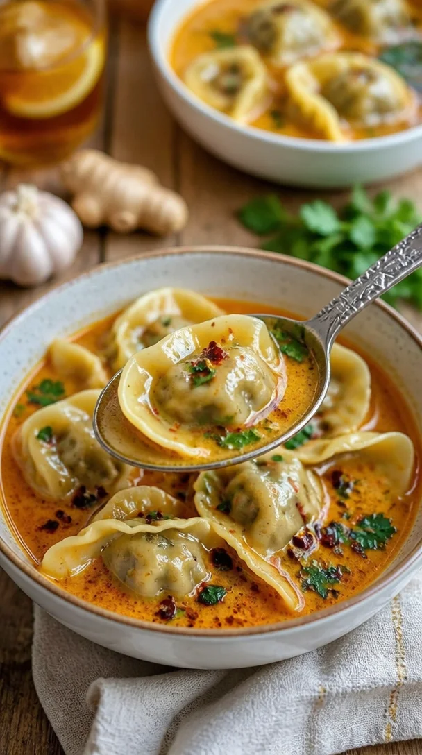 Schüssel mit leckerer Gyoza-Suppe, gefüllt mit Gyoza-Teigtaschen