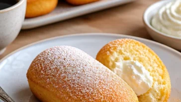 Hausgemachte Twinkies auf einem Teller, umgeben von frischen Zutaten.