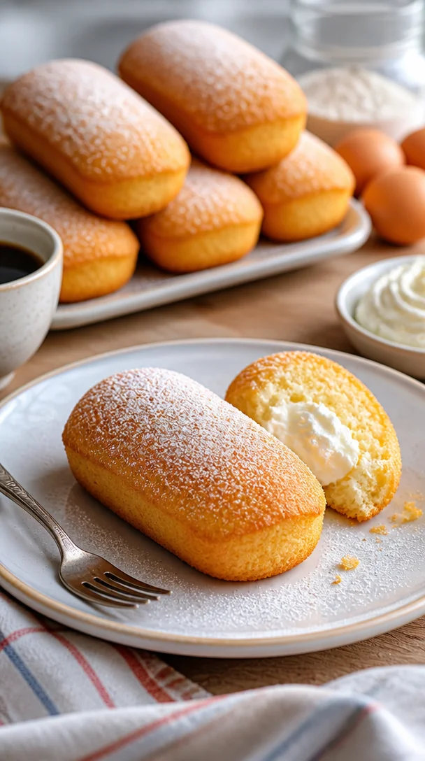 Hausgemachte Twinkies auf einem Teller, umgeben von frischen Zutaten.