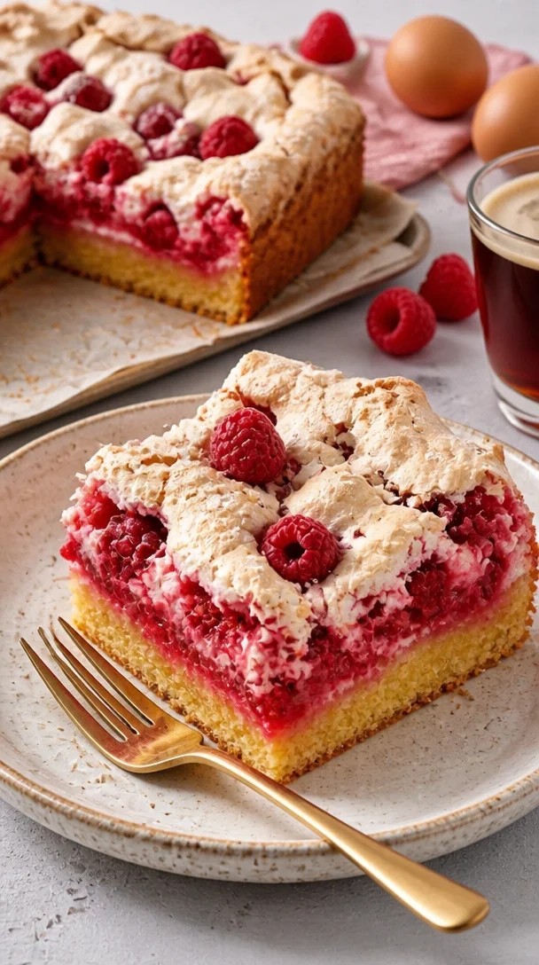 Himbeer Baiser Kuchen mit frischen Himbeeren und fluffigem Baiser-Topping