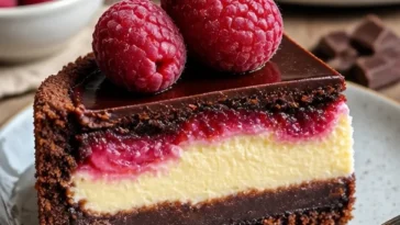 Himbeer-Brownie-Cheesecake: ein köstlicher Schichtkuchen mit Himbeeren und Brownies.