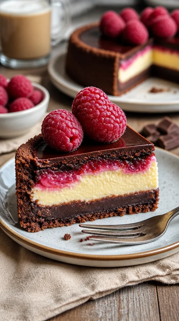 Himbeer-Brownie-Cheesecake: ein köstlicher Schichtkuchen mit Himbeeren und Brownies.