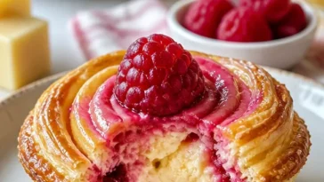 Himbeer-Frischkäse-Cruffins mit frischen Himbeeren und cremigem Frischkäse