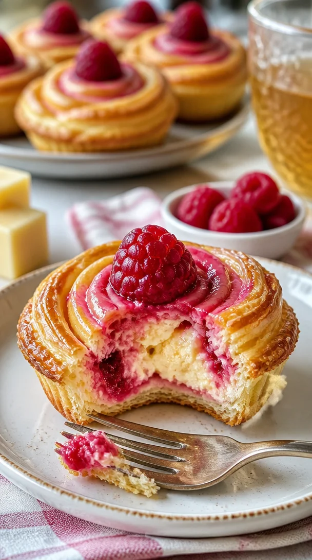 Himbeer-Frischkäse-Cruffins mit frischen Himbeeren und cremigem Frischkäse