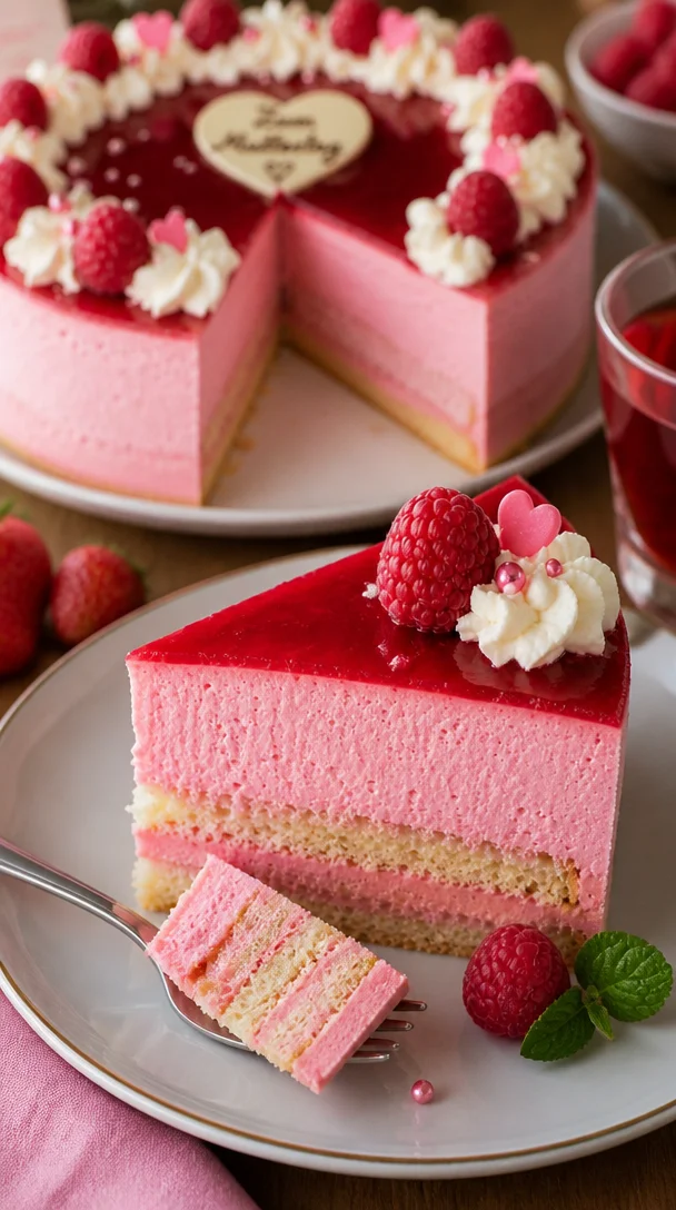 Himbeer-Mousse-Torte mit frischen Himbeeren und schaumiger Textur