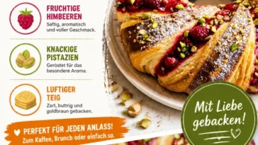 Himbeer-Pistazien-Kranz mit frischen Himbeeren und Pistazien dekoriert