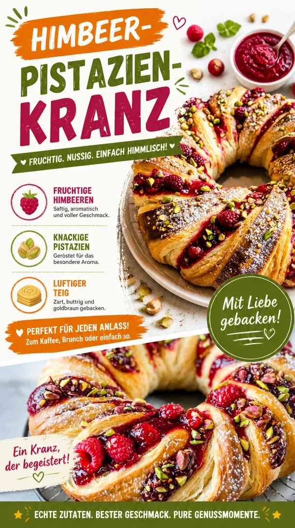 Himbeer-Pistazien-Kranz mit frischen Himbeeren und Pistazien dekoriert